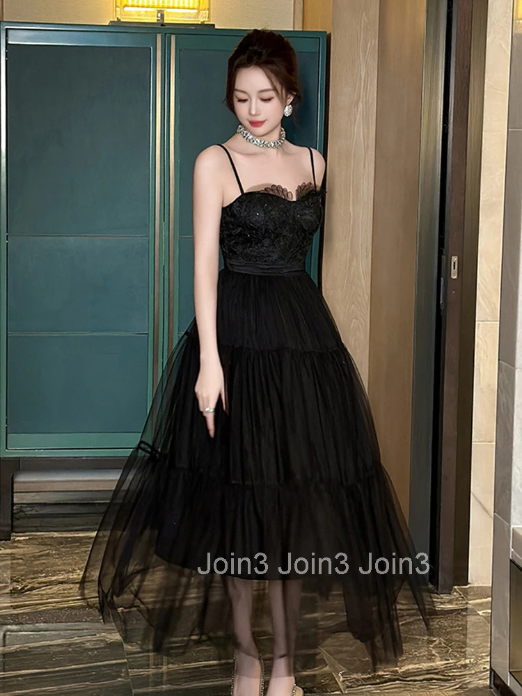 New Summer Birthday Black Mesh Gown Evening Dress Women Clothes Sexy Sling Slim A-Line Long Maxi Robe Party Club Vestidos Fiesta