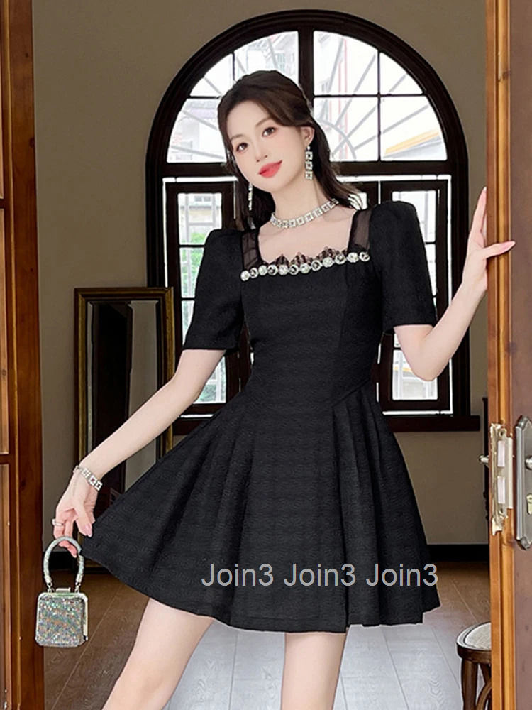 Elegant Luxury Black Evening Dress Women Clothes Summer Sweet Vintage Puff Sleeve Slim Mini Short Party Club Prom Vestido Fiesta