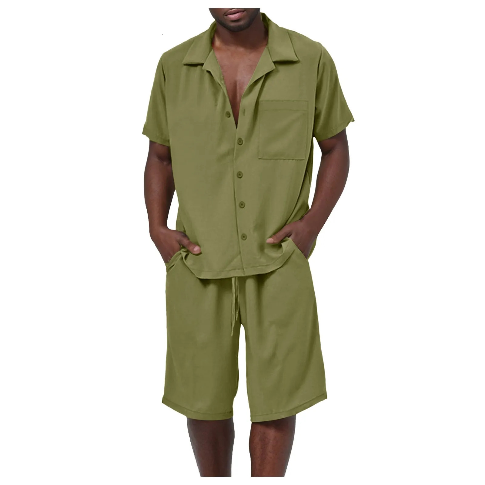 Mens Short Sleeve Shorts Two Piece Set Solid Color Button Down Beachwear Summer Loose-Fit Cardigan Tops Shorts Male Outfit 250617