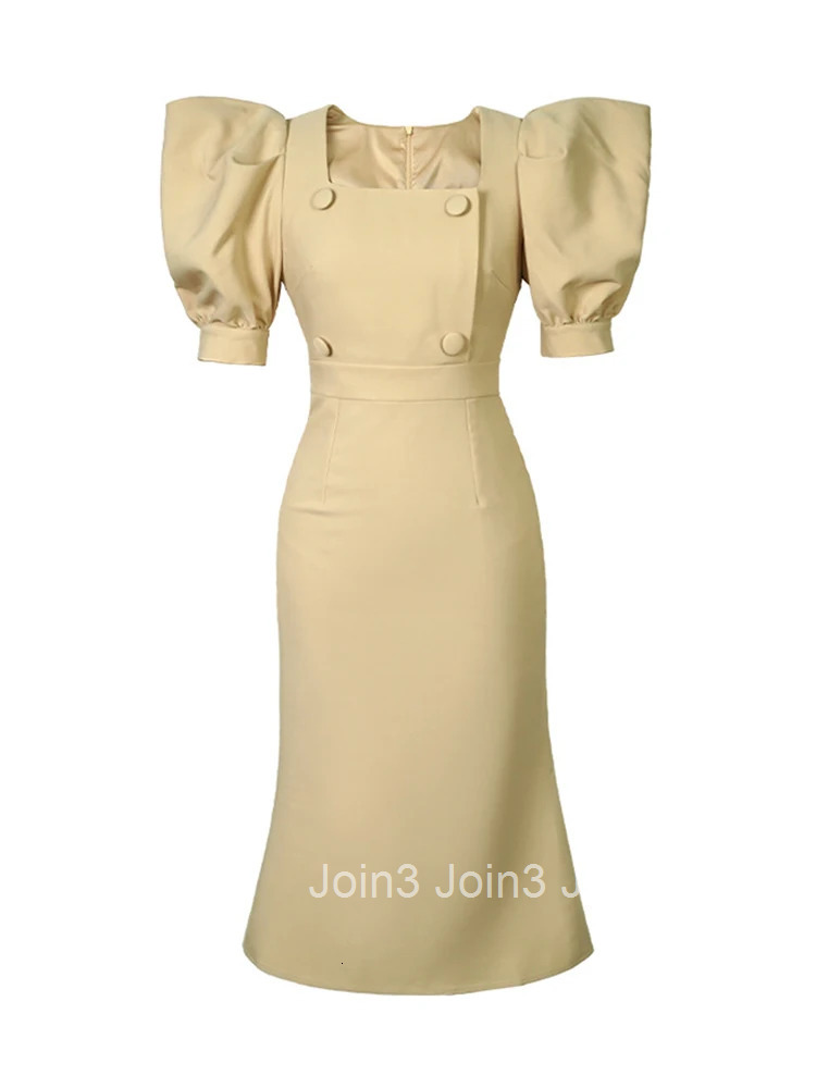 New Fashion Summer Women Evening Dress Retro Puff Sleeve Slim Midi Party Club Prom Robe Femme Mujer Vestido Fiesta Boda Invitada