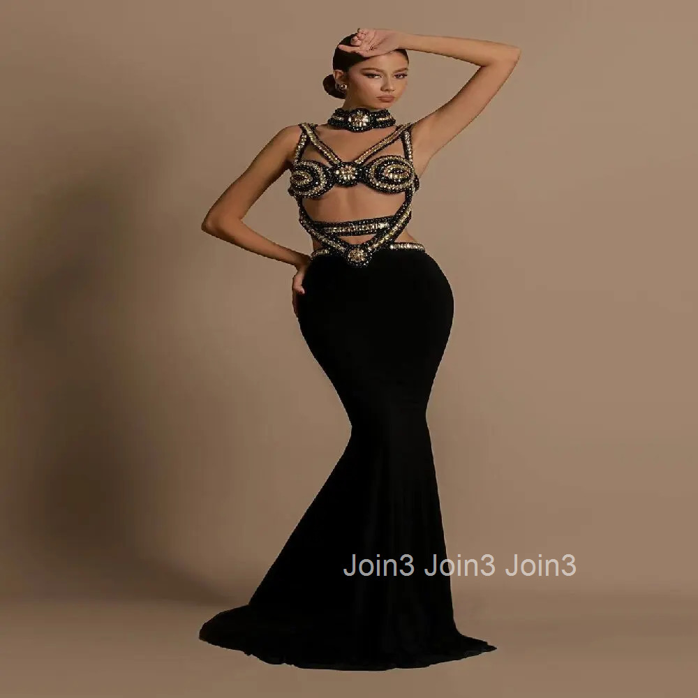 Chic Womens Clothing Sexy Hollow Backless Long Dress Necktie Fashion Bandage Two Pieces Black Sleeveless Cocktail Party Gown