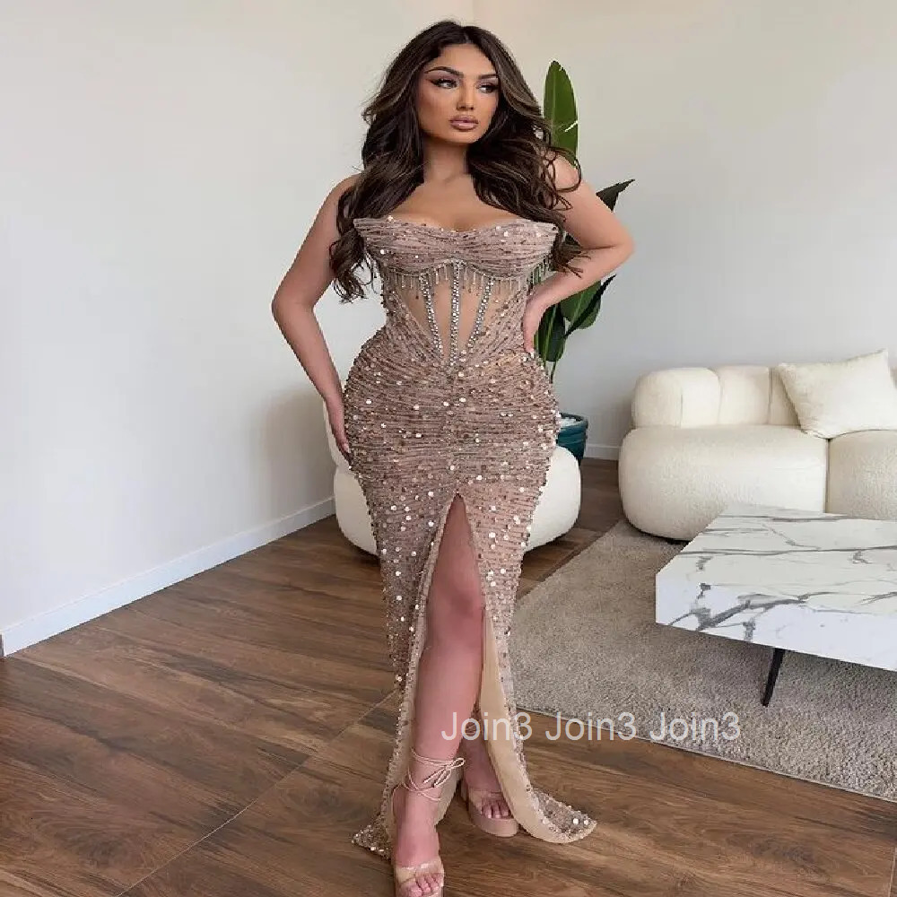 Luxury Super Flash Sequins Diamonds Long Dress Chic Womens Clothing Elegant Golden Split Strapless Dresses Evening Party Gown