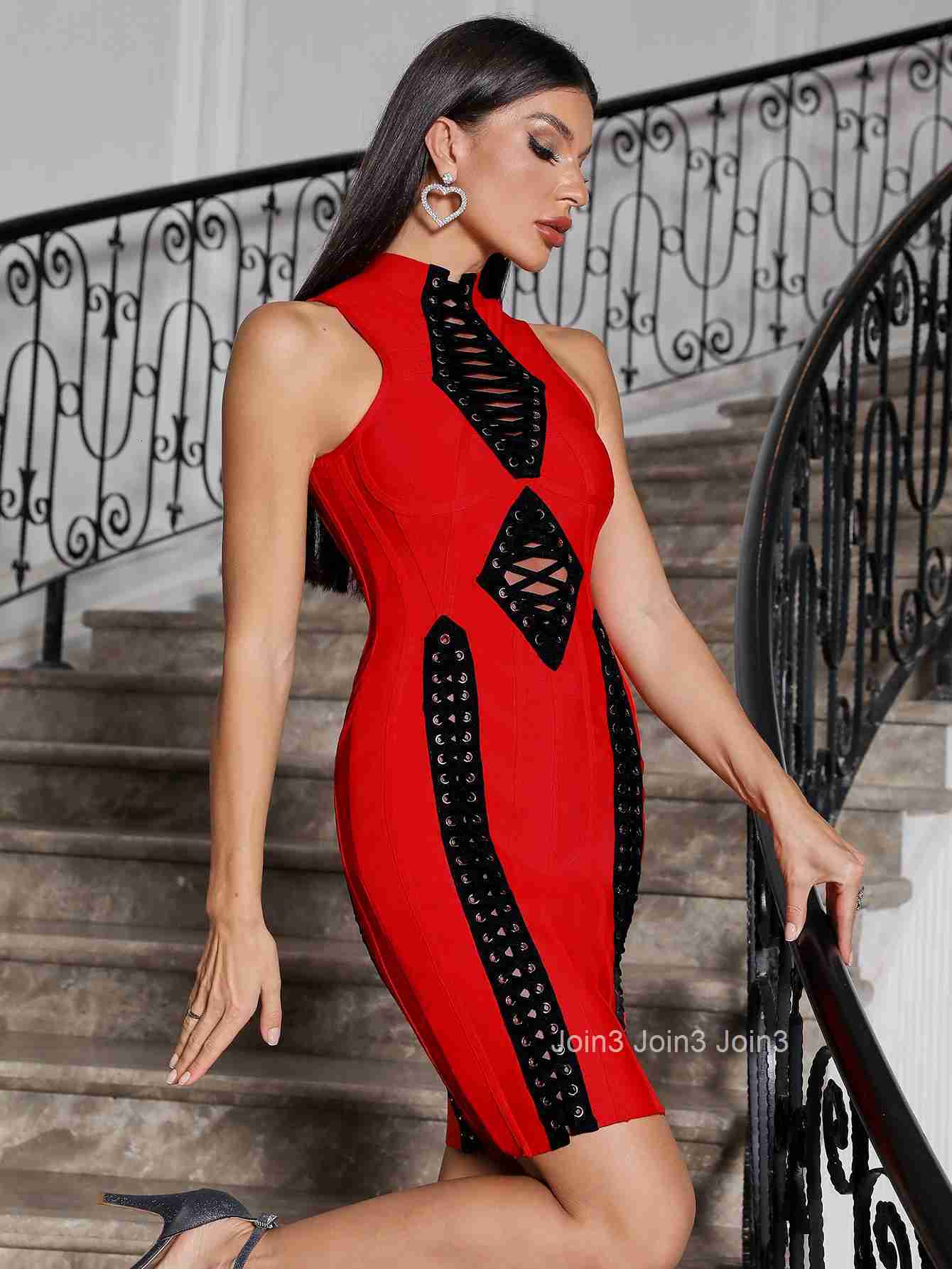 Red Black Contrasting Color Short Bandage Dress Sexy Bodycone Slim Evening Dinner Gown Fashion Womens Clothing Spring New
