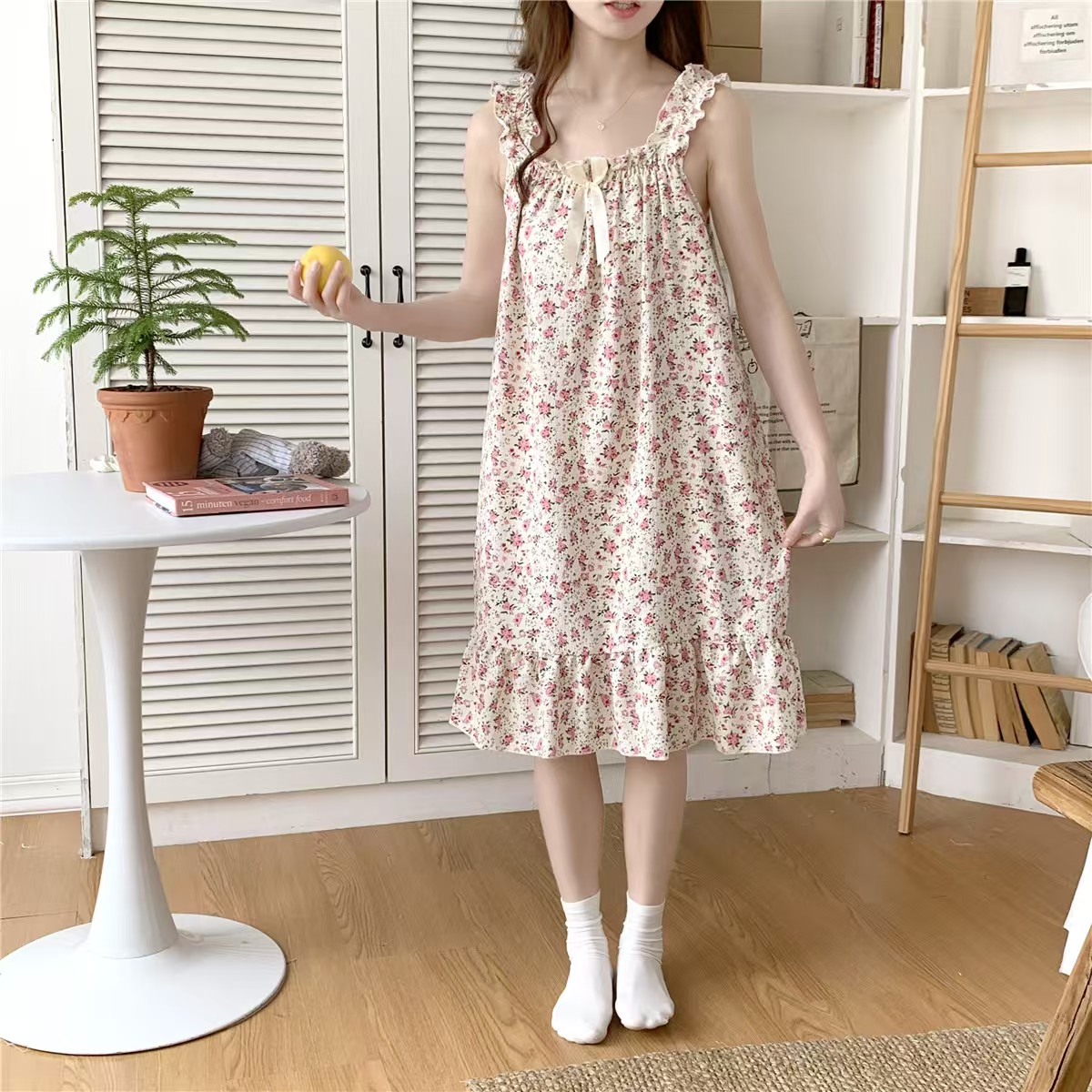 2025 women's models spring and summer sweet ins style halter mid-length loose nightgown female home dress red crocus flower