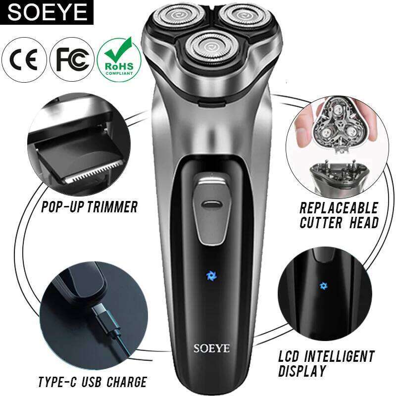Men's Electric Shaver For Men Shaving SOEYE Beard Trimmer 3D Floating Blade Washable USB Recharge Hair Cutting Hine