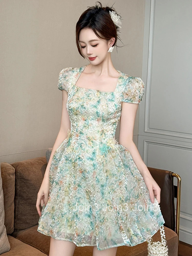 Women Clothes Sweet Floral Print Puff Sleeve Folds Slim Mini Short A-Line Dress Fashion Party Prom Vestidos Casual Beach Summer