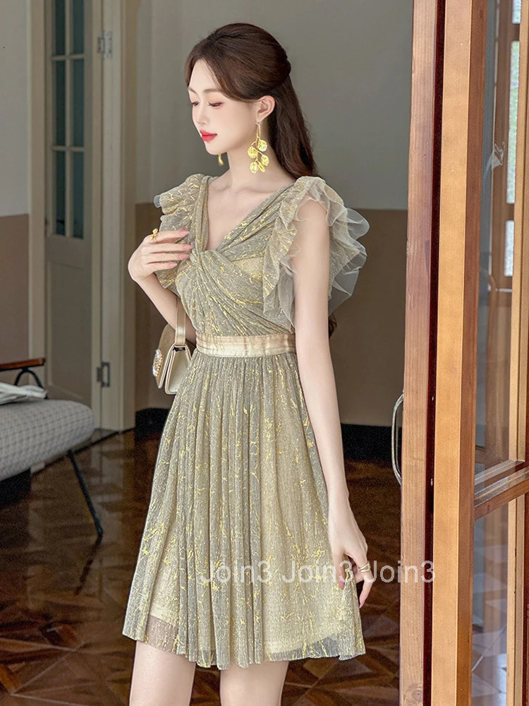New Summer French Flying Sleeve Ruffle Mesh Fairy Evening Dress Women Clothes Sweet Sexy V-Neck Slim A-Line Party Prom Vestidos