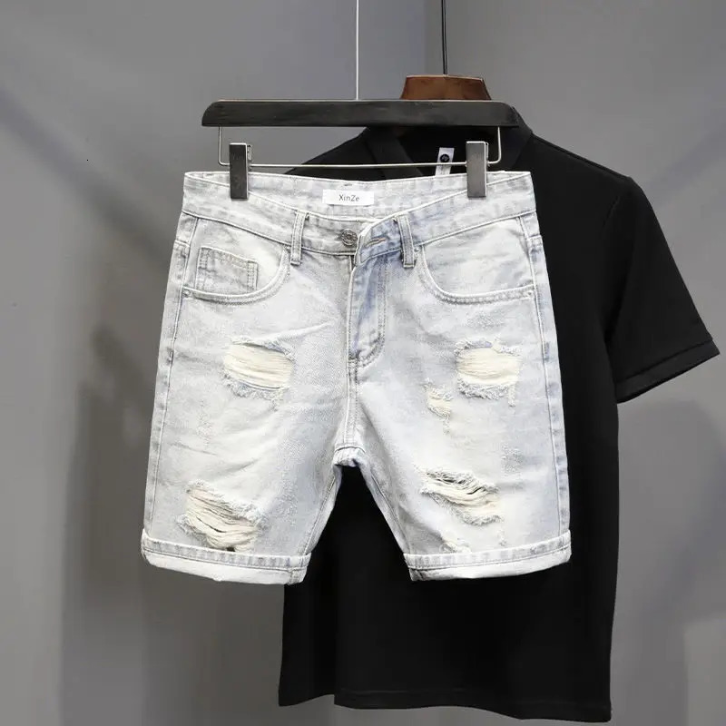 High Quality Summer Korean Clothing Mens Casual Denim Shorts Distressed Cat Whisker Streetwear Short Pants 250618