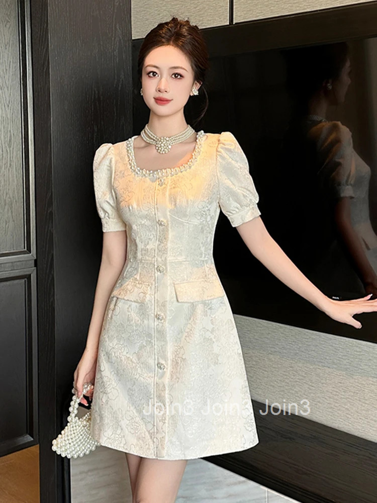 Summer Retro Satin Jacquard Floral A-Line Short Dress Women Clothes Casual Elegant Pearl Square Collar Slim Party Prom Vestidos