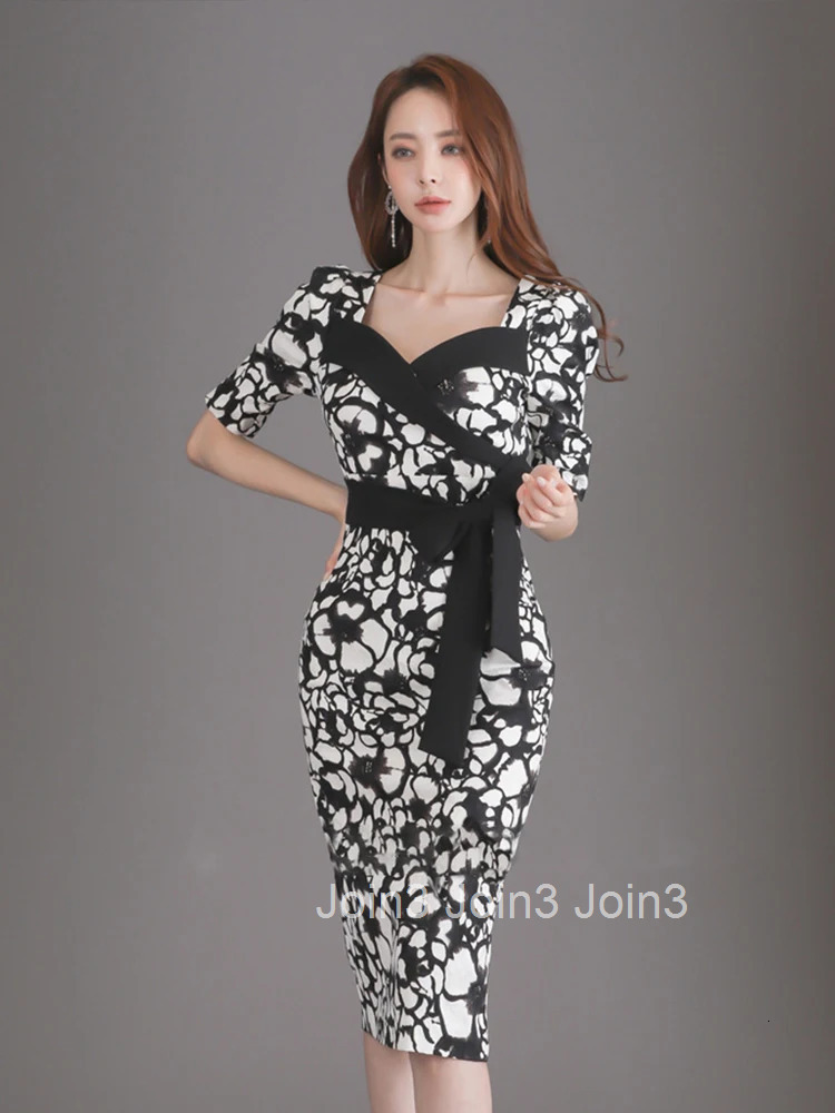 New Korean Fashion Summer Elegant Women Dress Chic Retro Formal Print V-Neck Slim Wrap Midi Pencil Street Clothes Mujer Vestidos