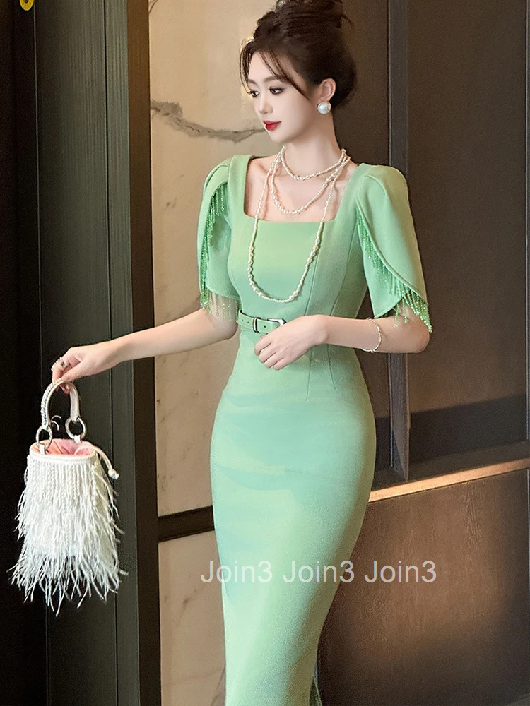 New Summer Fashion Solid Formal Occasion Evening Dress Women Clothes Elegant Luxury Square Collar Slim Midi Party Prom Vestidos