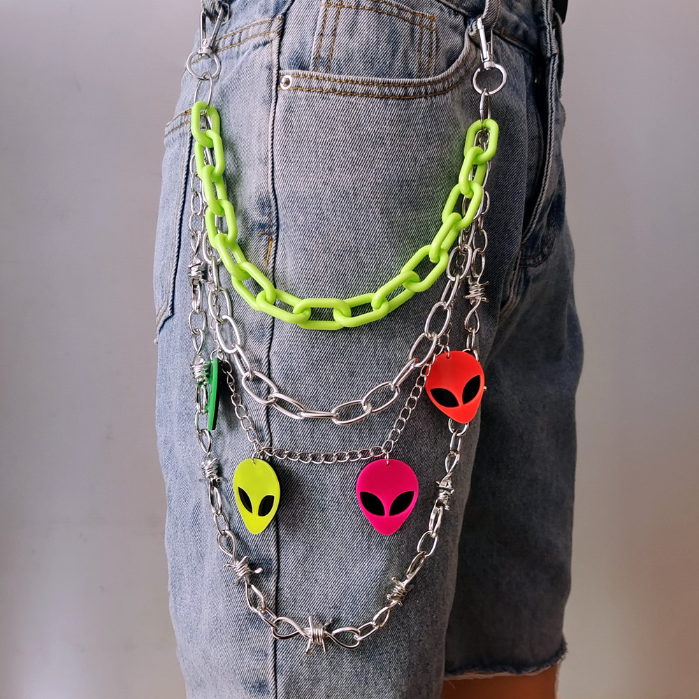 Stage Wear Dance Accessories Colorful Fluorescent Plastic Chain Alien Pendant Waist Chain Female Punk Metal Spike Pants Chain