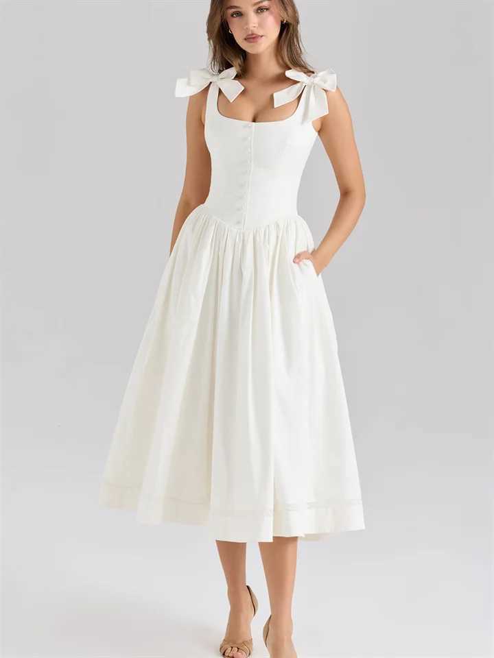 Womens Long Dress Elegant Lace Up Bow Square Collar Sleeveless Draped A-line Dresses Female 2025 Summer Lady Party Club Robes XJ250621