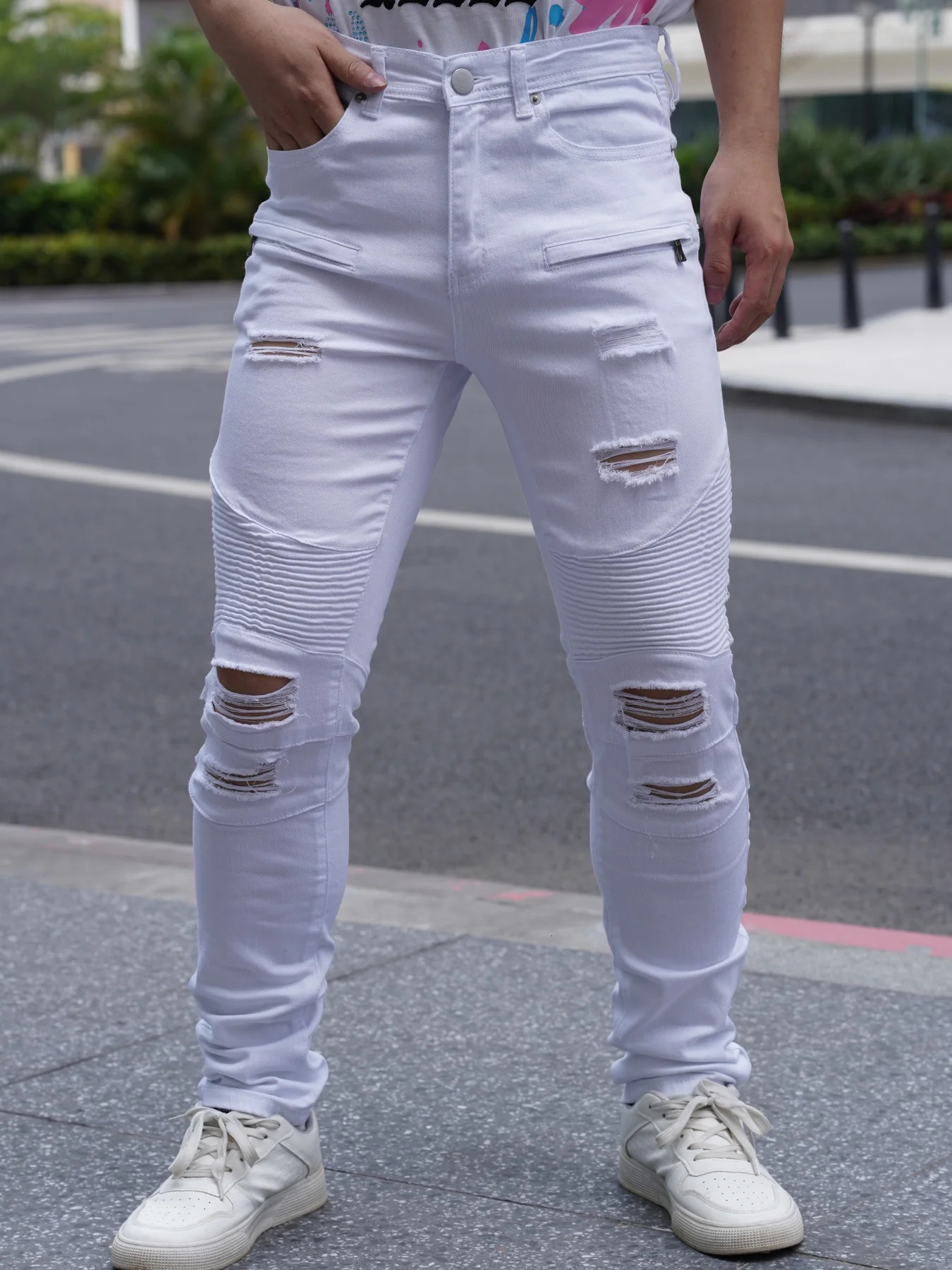 Fashionable Distressed Mens Jeans White Color Versatile And Easy To Match Promotion Offer To Your Home 250617