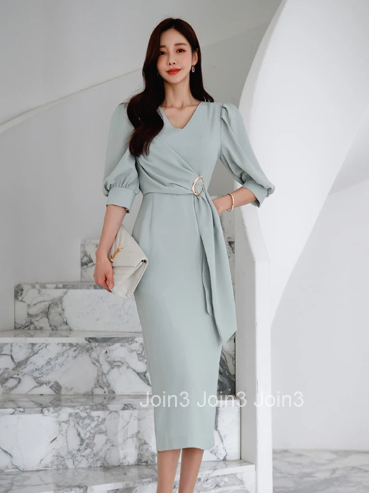 Elegant Office Lady Women Dress Temperament Chic Casual Ribbon V-Neck Slit Midi Party Work Style Street Robe Femme Mujer Vestido