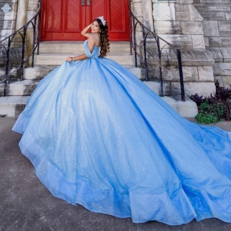 Sky Blue Shiny Ball Gown Quinceanera Dresses Glitter Beaded Crystal Tull Sweet 16 Dress Vestidos De 15 Anos