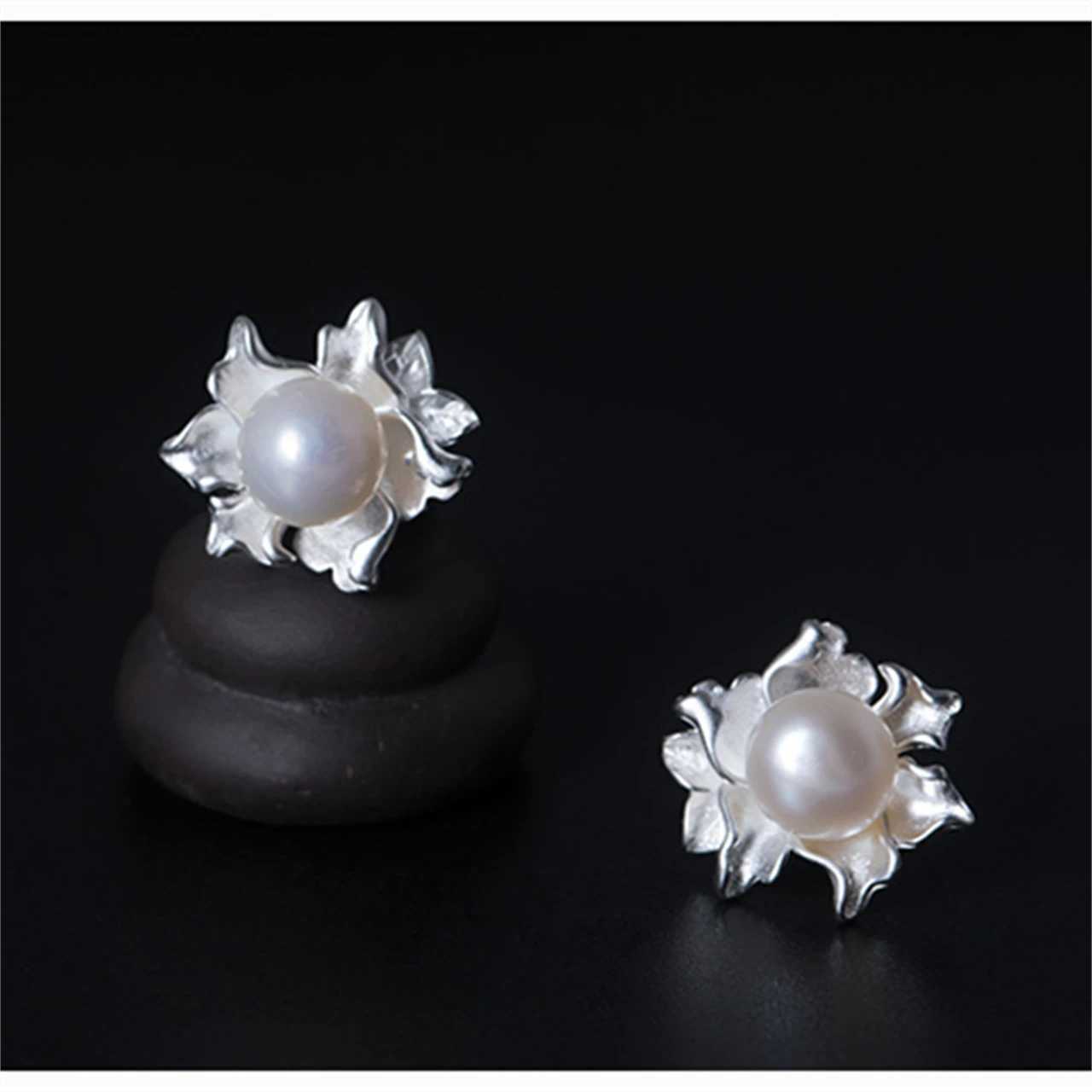 925 Sterling Silver Flower Earrings Fashion Chinese Style Natural Pearl 7.6mm Women Gifts Young Simple Jewelry WholesalesXJ250623