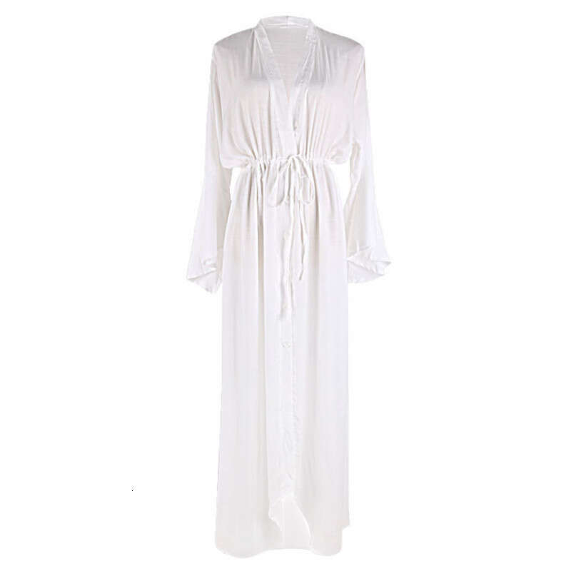 Cross-Border European and American New Style Bamboo Fabric Flare Sleeve Sexy Deep V-Neck Beach Dress Vacation Cover-Up Swimsuit Sun Protection Shirt f