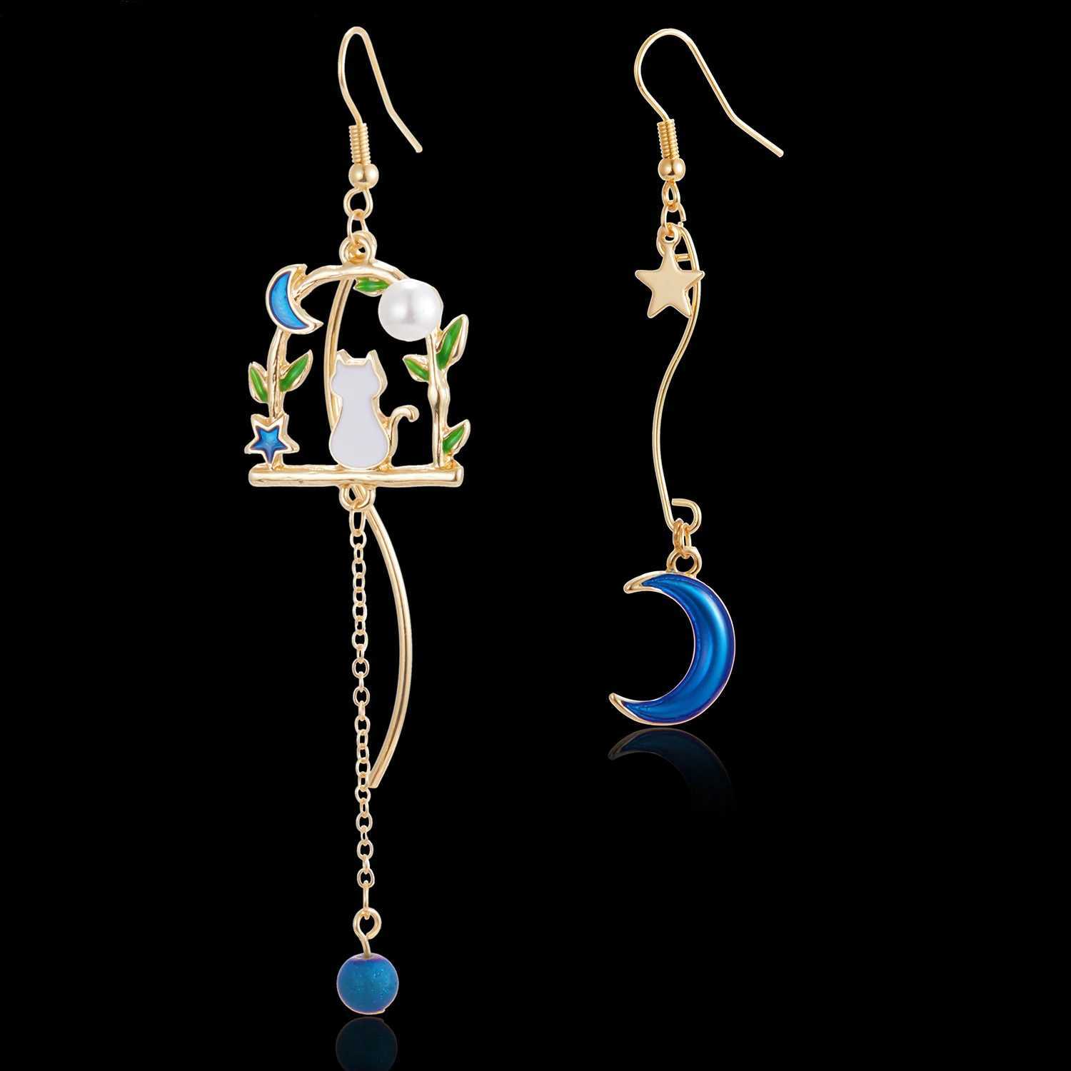 New Fashion Cute Animal Cat Earrings For Women Asymmetric Kitten Pearl Drop Earring Sweet Temperament Party Wedding Jewelry Gift XJ250623