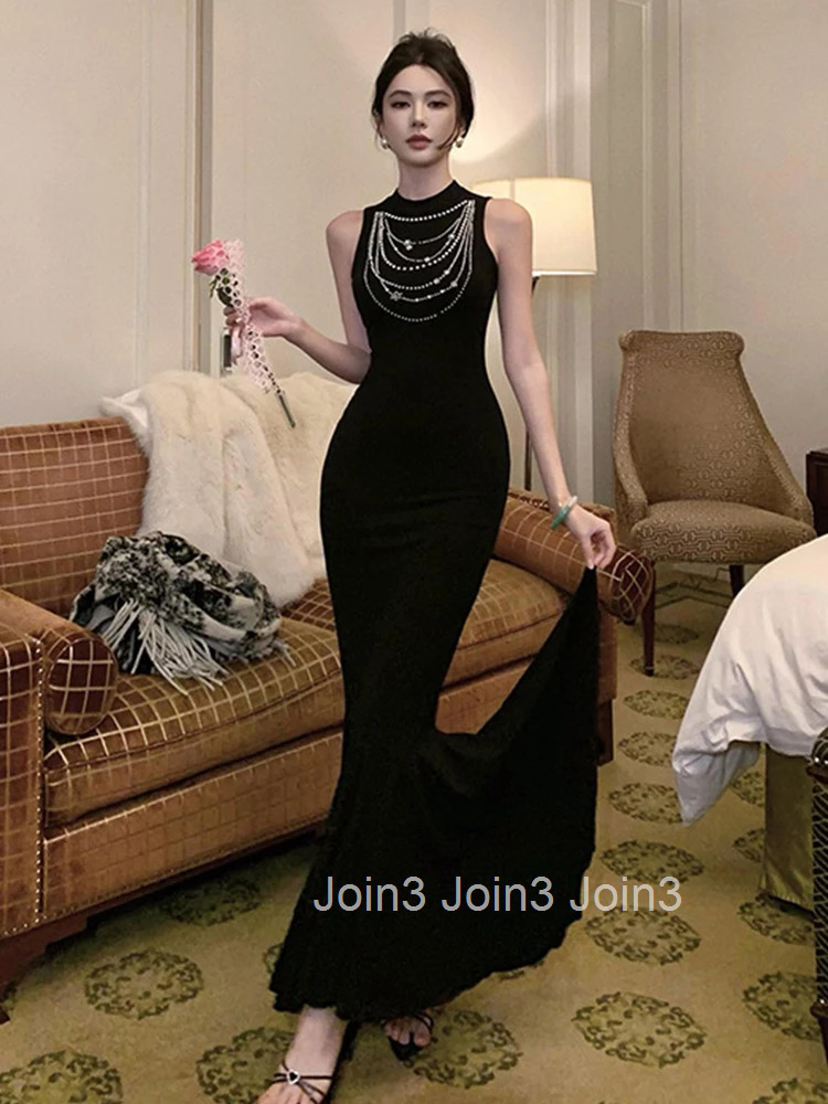French Style Party Dress Women Luxury Elegant Black Sexy Vest Bodycon Long Fishtail Robe Female Evening Prom Vestidos Dance Host
