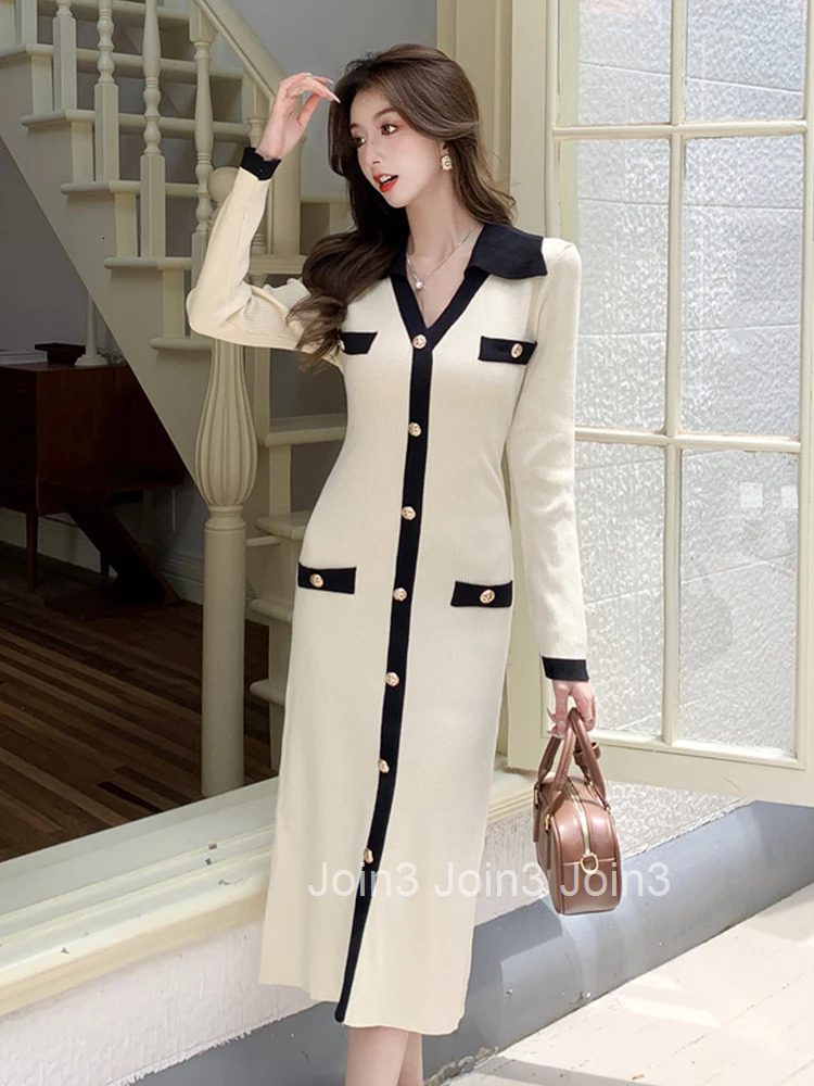 New Autumn Winter Knitted Stretchy Dress Women Elegant Lady Sweater Casual V-Neck Skinny Midi Robe Mujer Vestidos Street Clothes