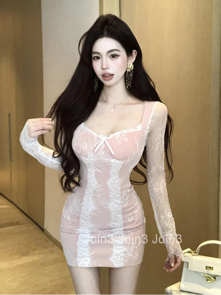 Hotsweet Cute Prom Dress Women French Sheer Perspective Lace Patchwork Bow Wrap Hip Skinny Short Gown Lady Date Party Vestidos