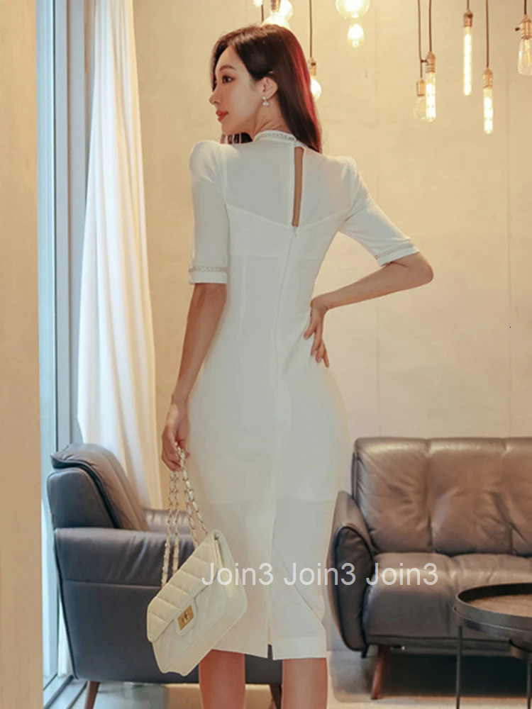 Summer Elegant Office Women Dress Chic Formal White Sexy Hollow Short Sleeve Slim Midi Pencil Party Prom Birthday Mujer Vestidos