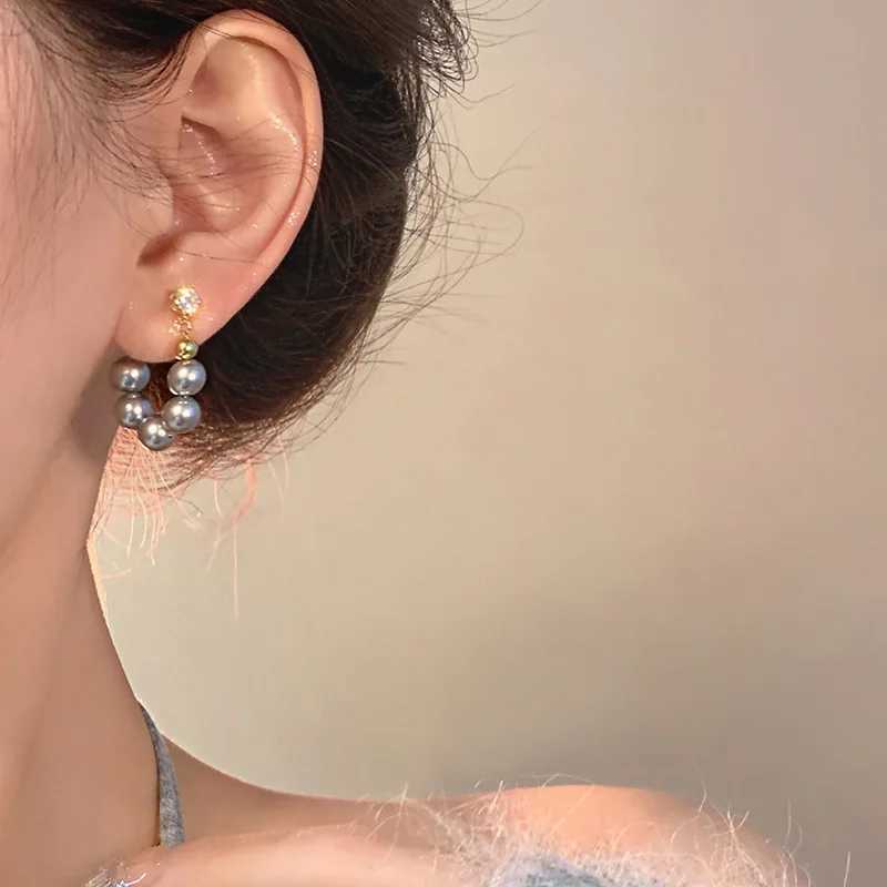 New Delicate Gray Pearl Zircon Hoop Earrings for Women Vintage Elegant Crystal Beaded Earrings Bride Wedding Jewelry Gifts XJ250623