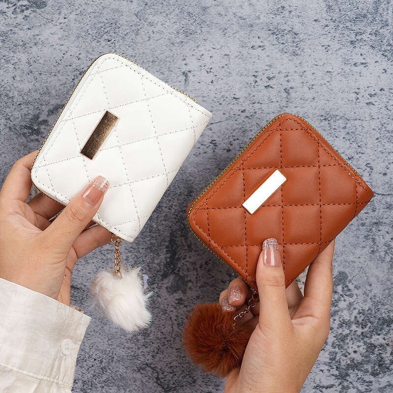 Women's Short Small Wallet 2025 New Quilted Embroidered Iron Piece Hanging Pom-Pom Coin Purse Card Holder Casual Mini Bag