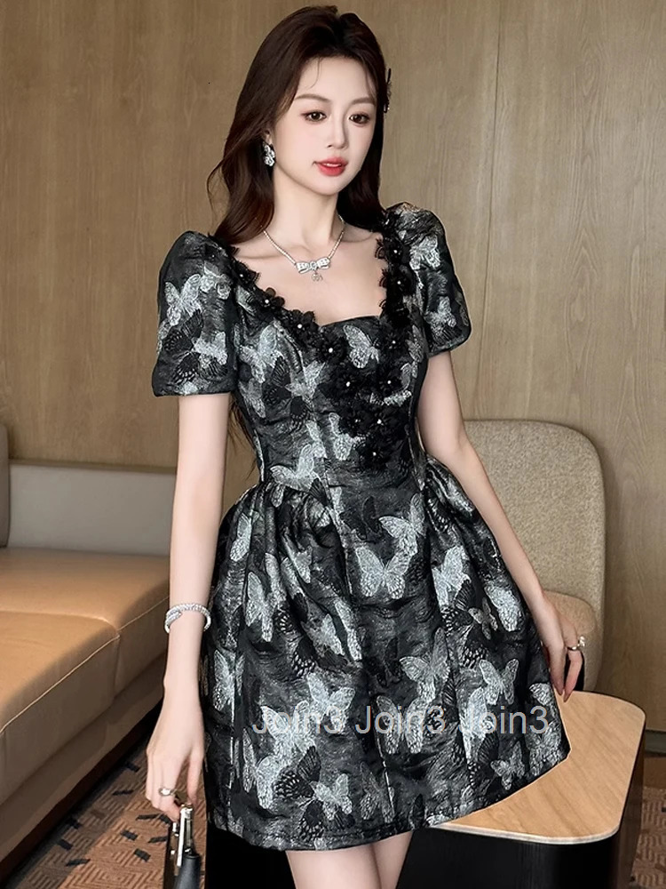 Summer Butterfly Print Black Gown Evening Dress Women Clothes Elegant Retro Puff Sleeve A-Line Short Party Prom Vestidos Fiesta