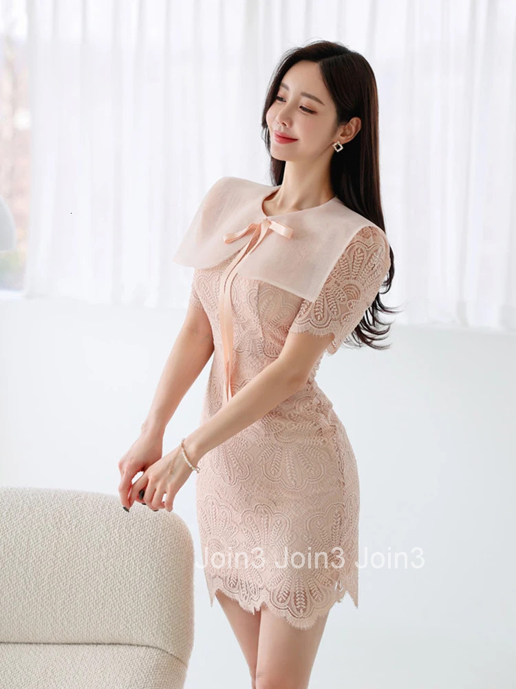 New Korean Summer Preppy Style Lace Pencil Short Dress Women Sweet Bow Peter Pan Collar Short Sleeve Slim Vestido Street Clothes