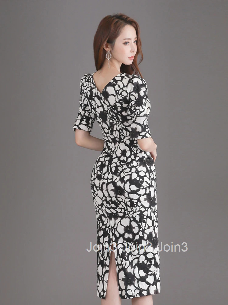 New Korean Fashion Summer Elegant Women Dress Chic Retro Formal Print V-Neck Slim Wrap Midi Pencil Street Clothes Mujer Vestidos