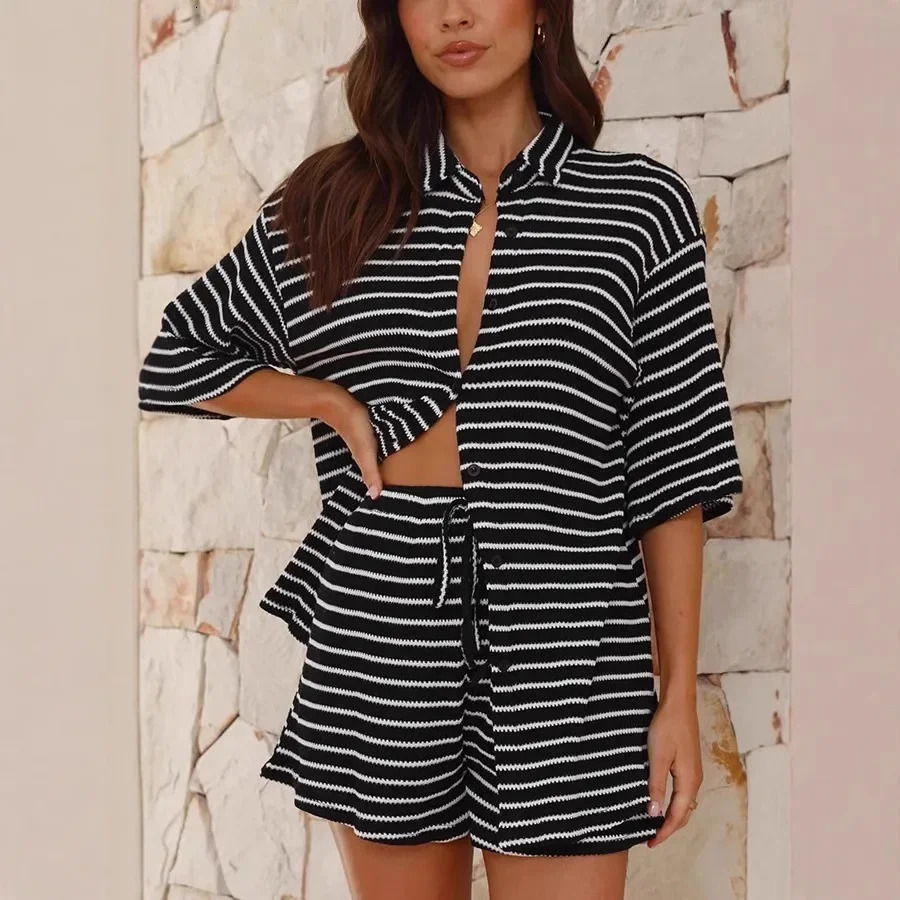 Summer Womens Casual Knitted Short Sleeve Shorts Set Fashionable Polyester Fiber Independent Station CrossBorder 250614