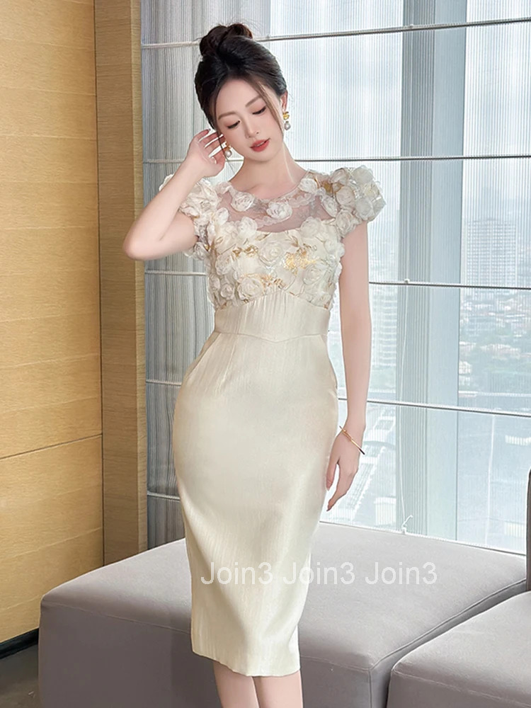 New Summer Fashion Flower Sheer O-Neck Evening Dress Women Clothes Elegant Luxury Sweet Puff Sleeve Slim Midi Party Prom Vestido