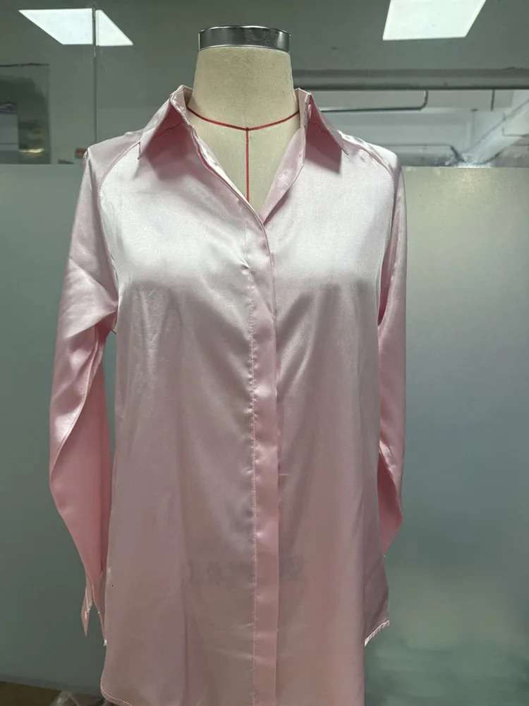 Womens Loose Satin Blouse Tops Summer Spring Turn Down Collar Button Long Sleeve OL Ribbon Blouse Shirts DFFS-A0060 250617