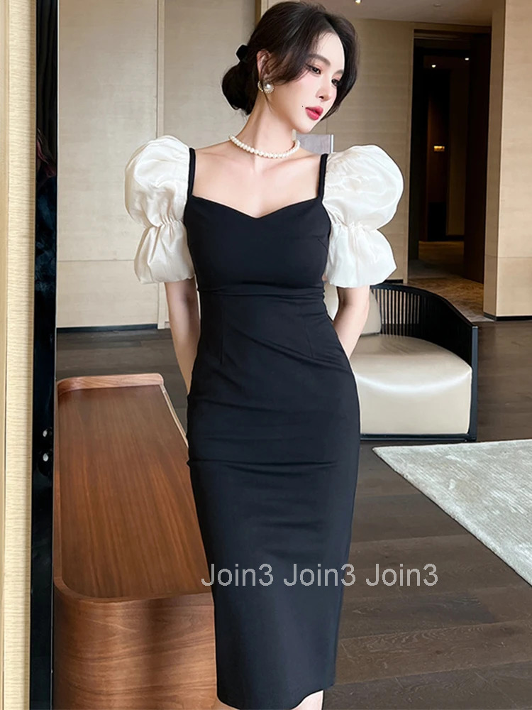 Fashion Korean Elegant Women Evening Dress Black Temperament Vintage Square Collar Slim Slit Midi Party Club Femme Mujer Vestido