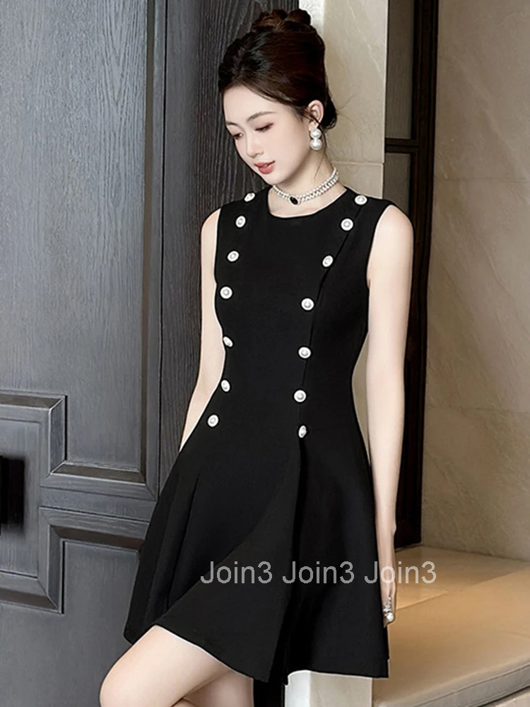 Women Clothes Commute Retro Black O-Neck Sleeveless Slim Mini Short A-Line Dress Elegant Vestidos Formal Occasion Casual Summer