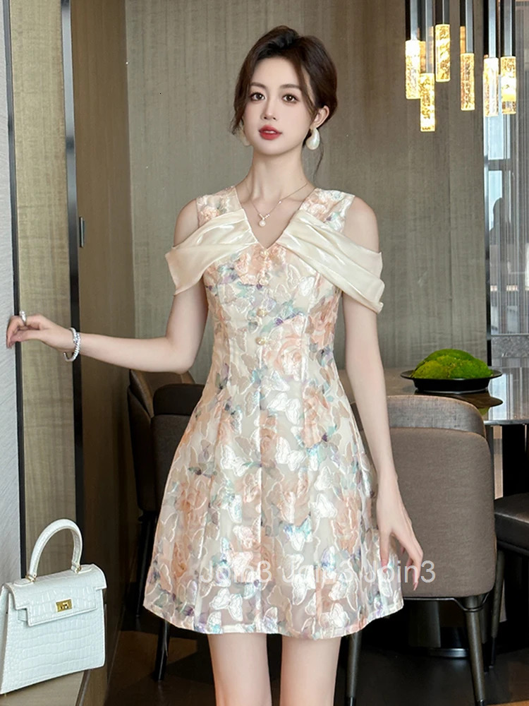 Summer Fashion Jacquard Weave V-Neck A-Line Short Dress Women Clothes Sweet Floral Print Sexy Off-Shoulder Slim Party Vestidos