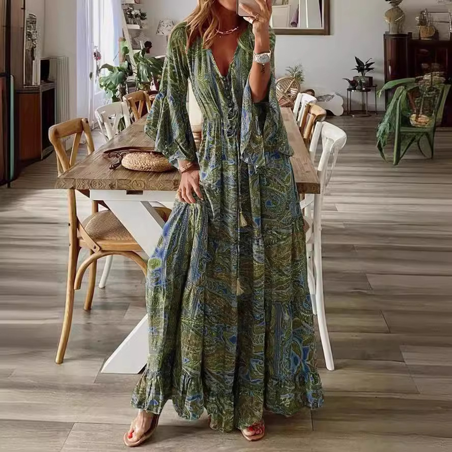 468 Bohemian style trumpet sleeves printed V-neck high waist holiday dress floral long dress