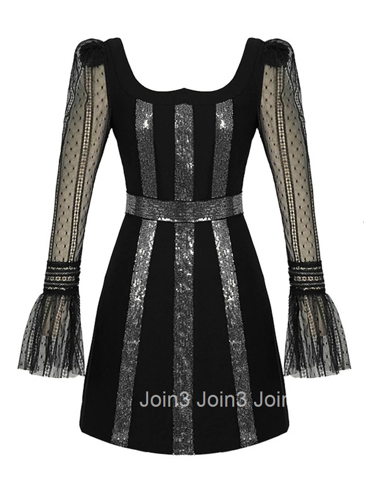 New Spring Fashion Lady Black Sequin Evening Short Dress Women Clothes Elegant Sheer Sexy Square Collar Slim Party Prom Vestidos