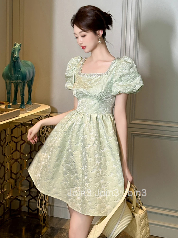 New Summer Fashion Sweet Floral Square Collar A-Line Dress Women Clothes Retro Puff Sleeve Corset Slim Short Party Prom Vestidos