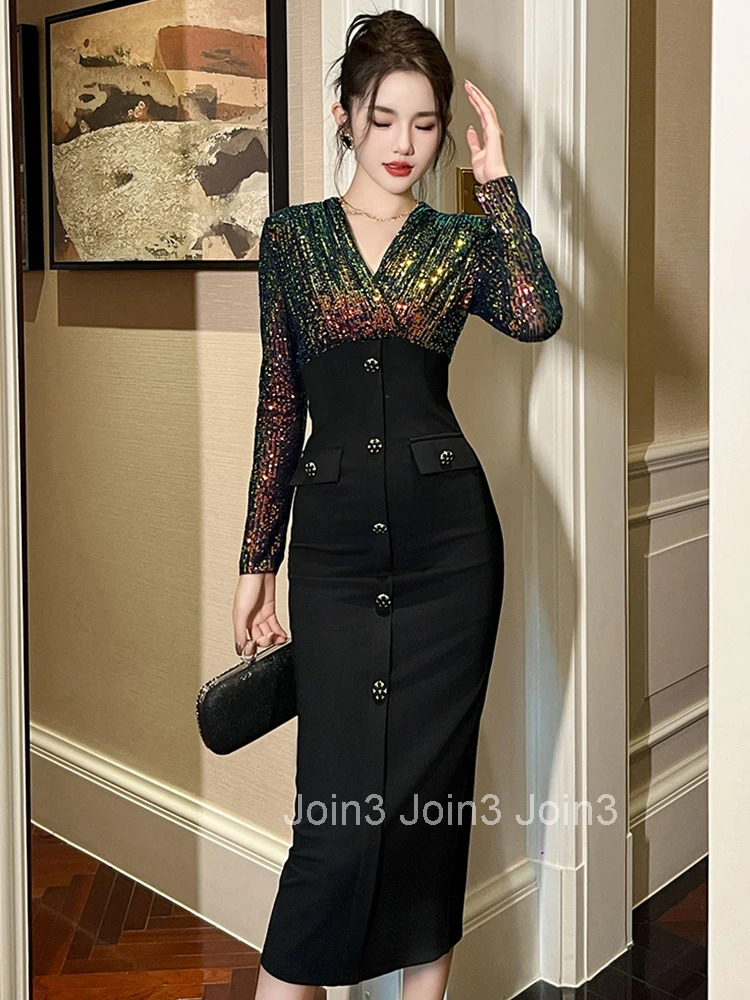 New Fashion Spring Formal Occasion Sequin Evening Long Dresses Women Business V-Neck Skinny Party Dress Robe Femme Mujer Vestido