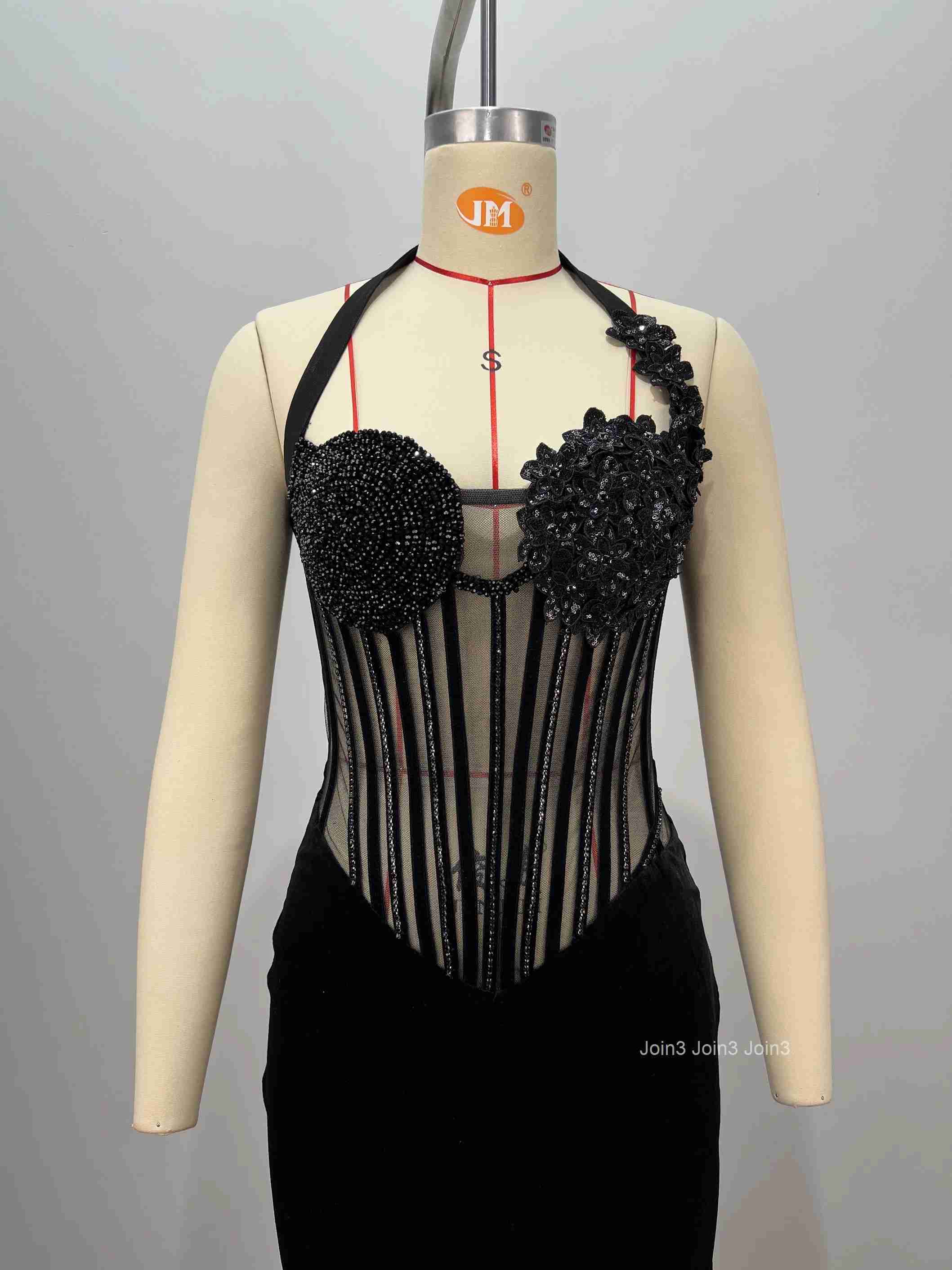 Womens Bandage Crystal Embellished Halter Dress with Sheer Bodice Sexy Black Mermaid Evening Gown Backless Prom Dress