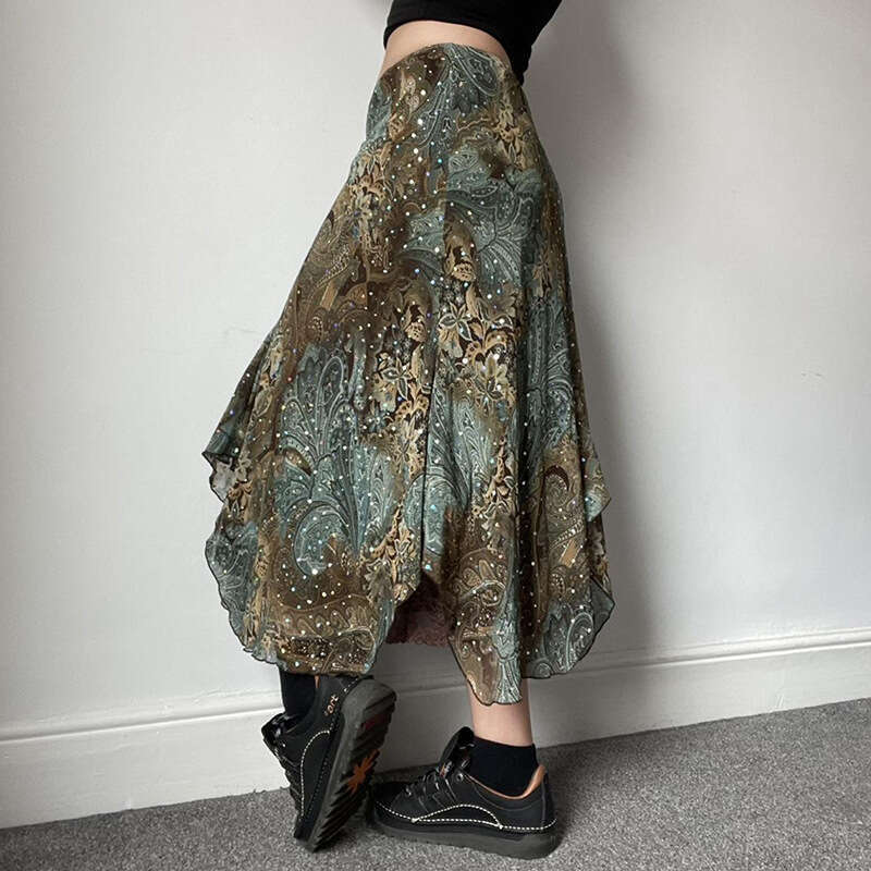 Women's American Style Color Block Irregular Double Layer Patchwork Design Long Skirt B5