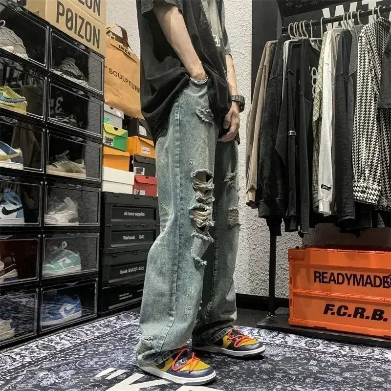 Trousers Torn with Holes Mens Jeans Broken Man Cowboy Pants Wide Leg Ripped Straight Hip Hop Y 2k Vintage Washed Y2k Stylish Xs 250617