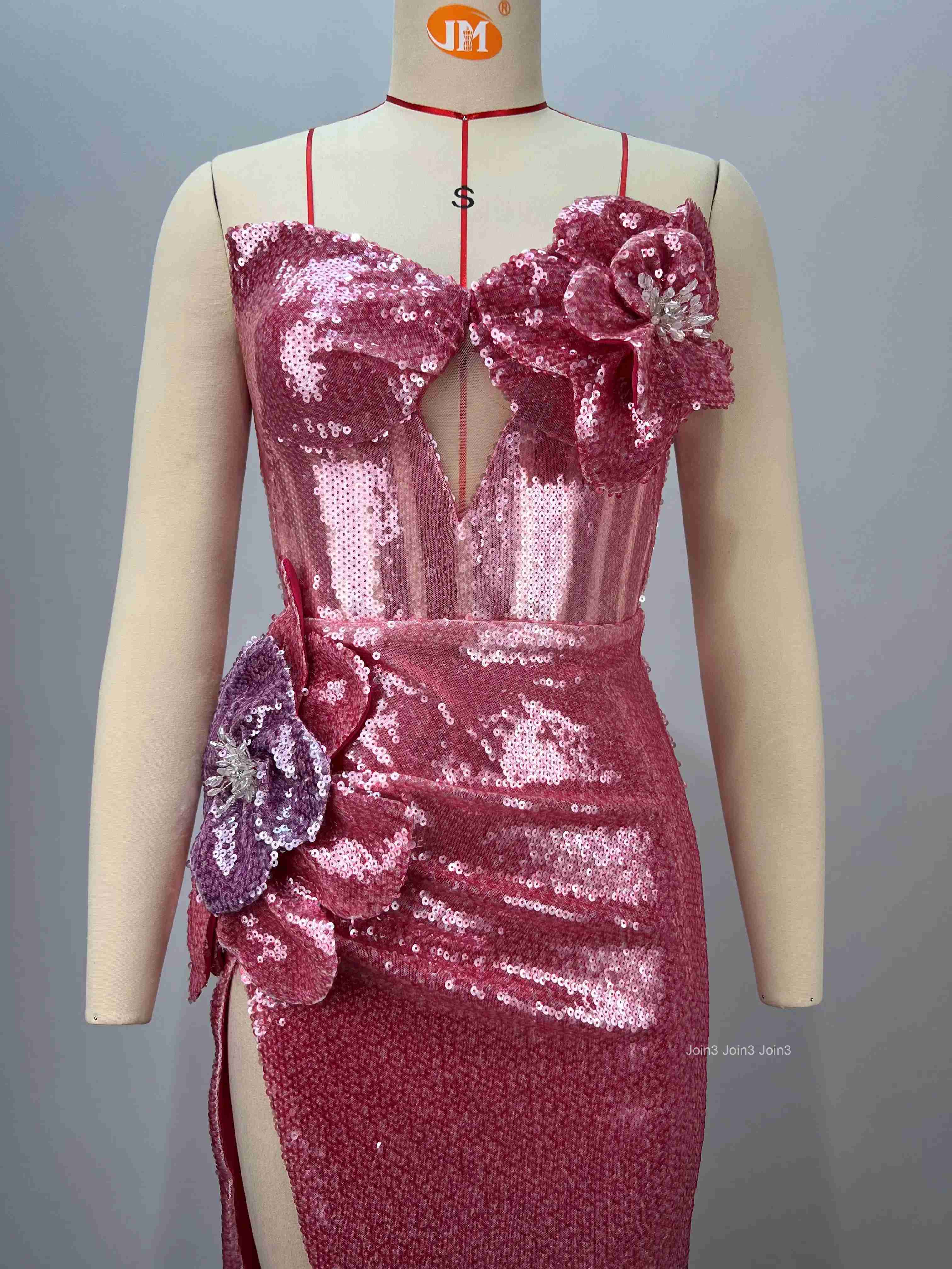 Womens Pink Bandage Dress Sequin 3D Floral Appliques Halter Neck High Slit Evening Gown Formal Party Dress