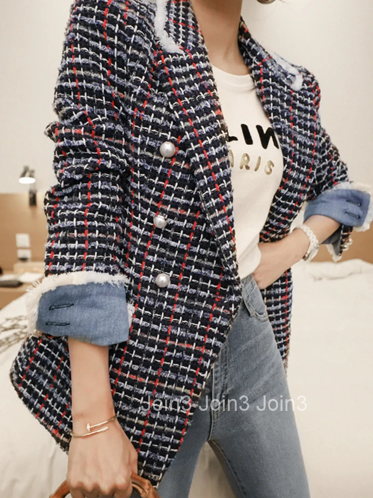 Fashion Elegant Women Tweed Outwear Casual Retro Plaid Double Breasted Pearl Button Lady Femme Mujer Autumn Winter Coat Jacket