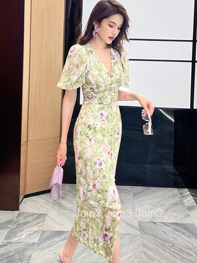 French Elegant Women Dress Floral Vintage Sweet Puff Sleeve Corset Slim Slit Midi Party Club Beach Lady Robe Femme Mujer Vestido