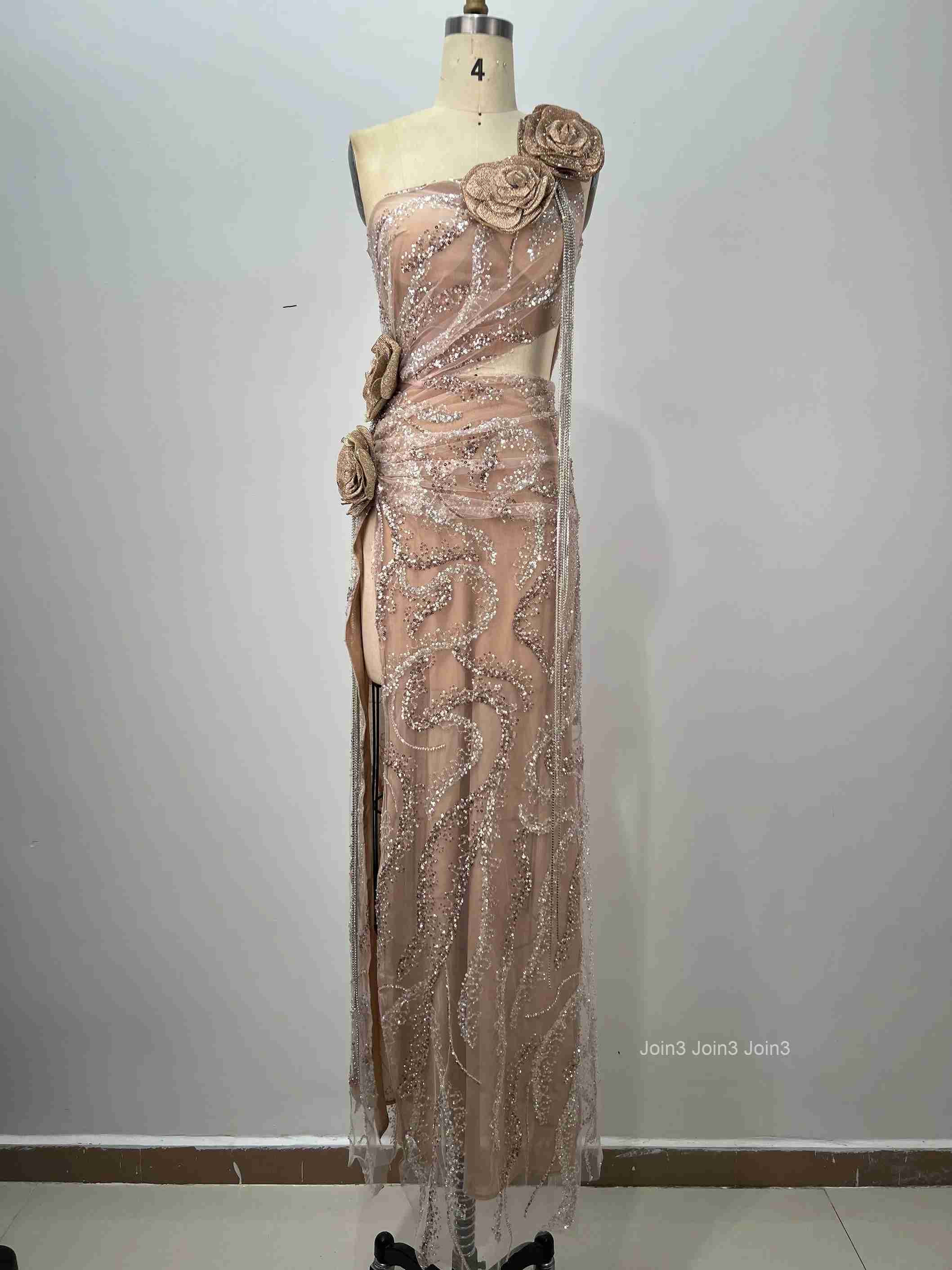 Womens Apricot Bandage Dress One Shoulder Sequin Beaded 3D Floral Appliques High Slit Fitted Floor-Length Evening Gown