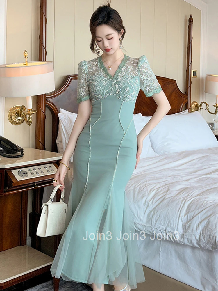 Women Clothes Sweet Lace Floral Short Sleeve Slim Midi Fishtail Dress Fashion Party Prom Vestidos Formal Occasion Casual Summer